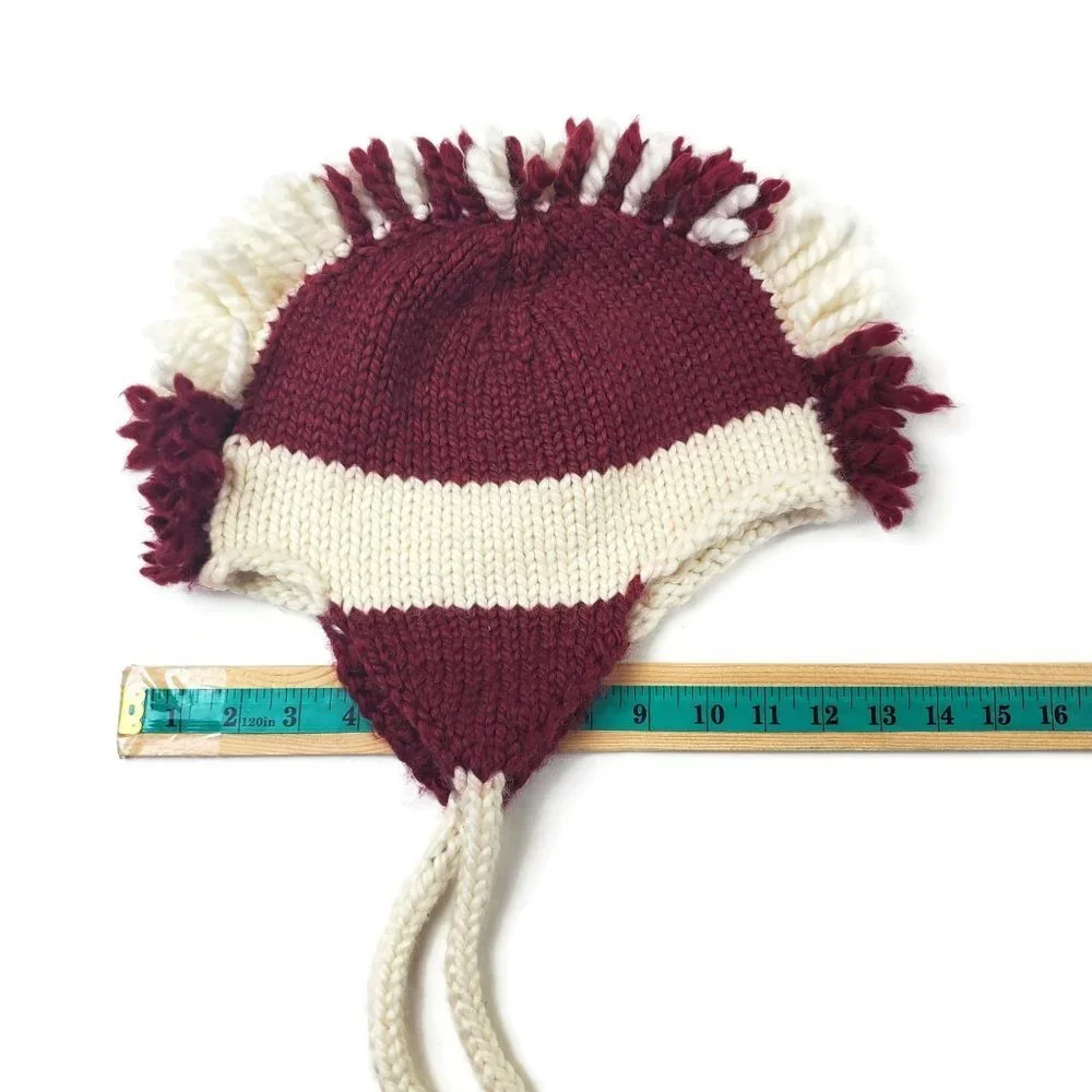 Kids Hand Knit Mohawk Hat Fall Winter Braided One Size‎ Red White Acrylic Yarn